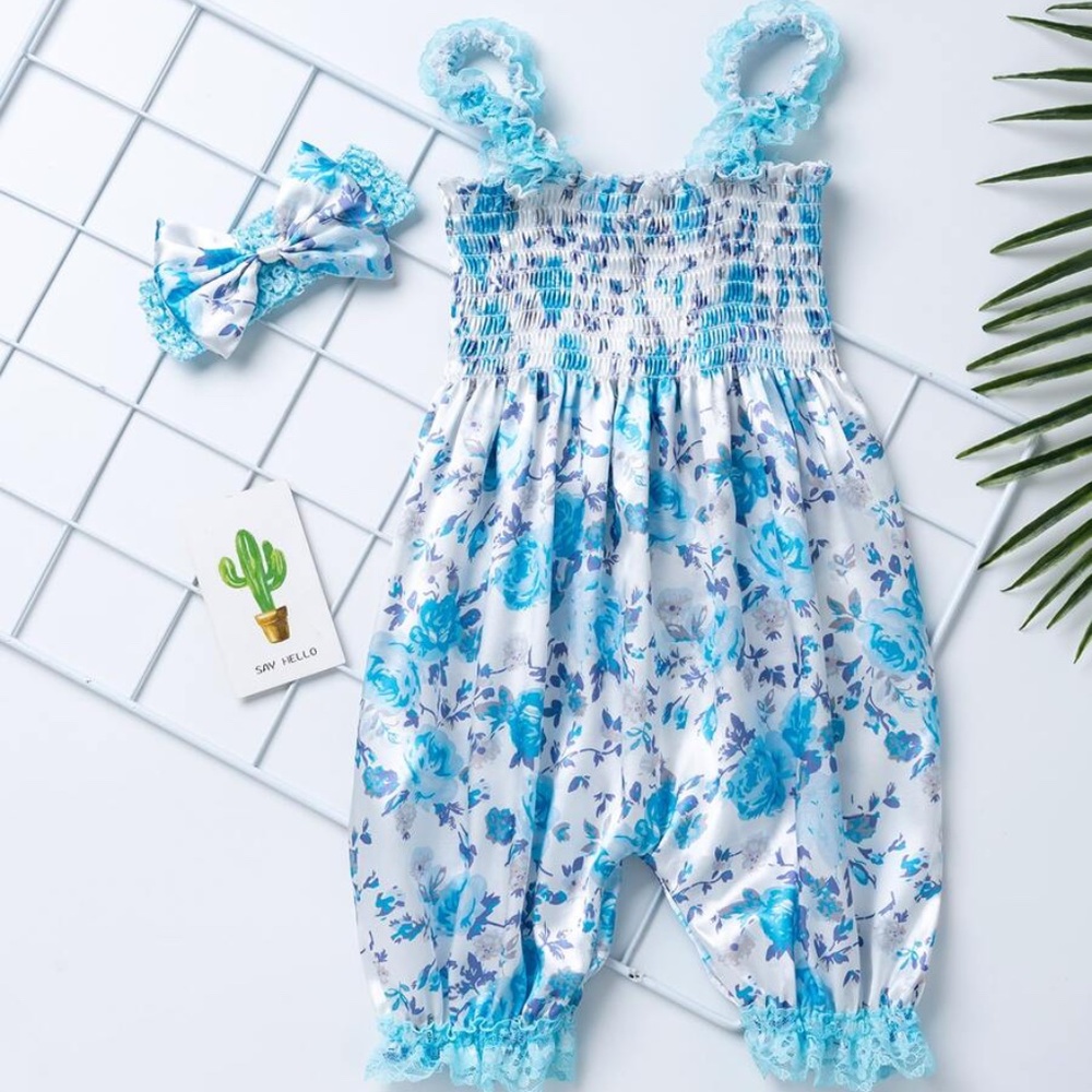 Blue Floral Baby Romper w/ matching headband